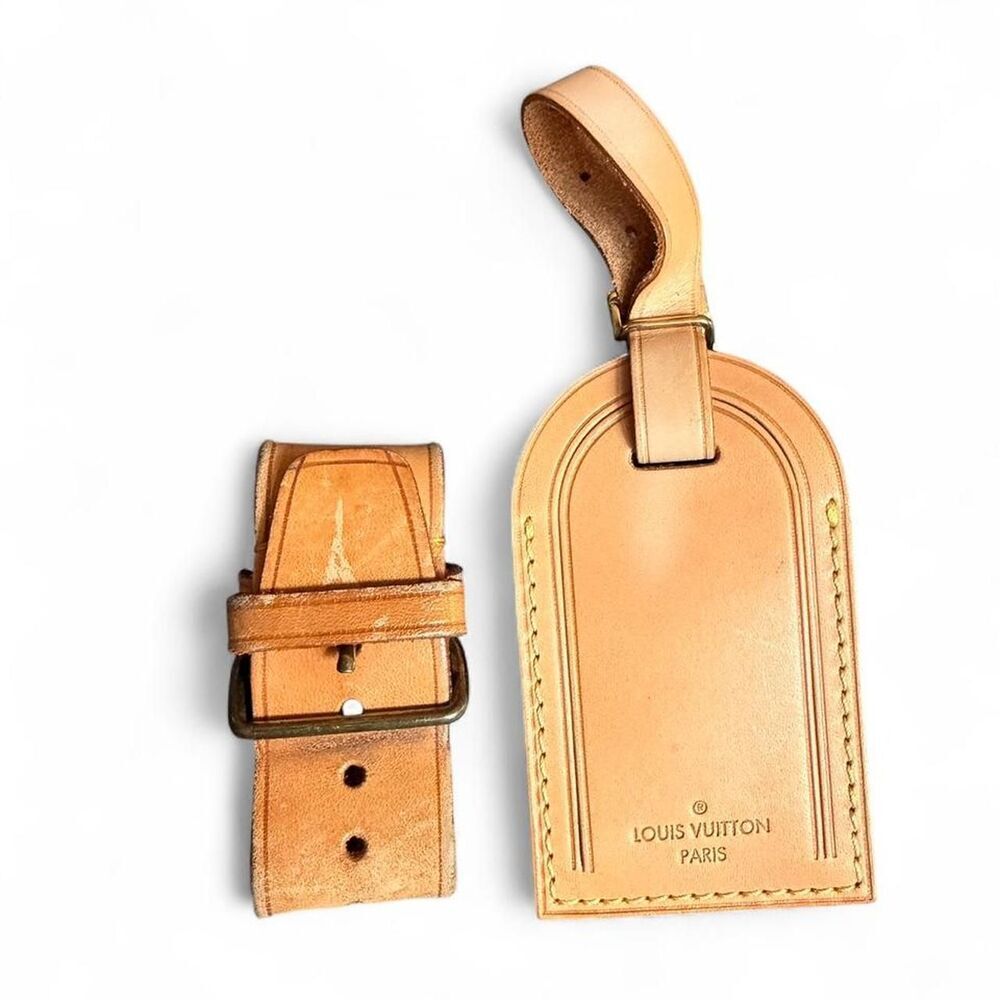 Authentic Louis Vuitton Vachetta Leather Luggage Tag Strap Set Made France